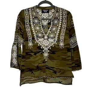 Johnny Was Silk Embroidered Camo Top Size Small